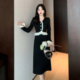 Elegant Party Fashion Black Midi Dresses for Women Autumn New V-neck Long Sleeve Patchwork Korean Chic Slim Female Clothing