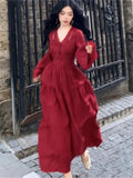 Autumn Elegant Red Hollow Out Evening Dresses for Women V-Neck Lace-up Long Sleeve A-Line Vestidos Vintage Party Dress Long Robe