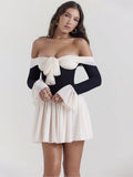 Elegant Off Shoulder Patchwork Women Mini Dress Fashion Flare Long Sleeve Pleated Bodycon Dress Lady Lace Up Party A-line Dress