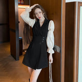 Korean Black Patchwork Short Dresses Women Autumn New Fashion Slim Office Lady Notched Collar Long Sleeves Female Clothing