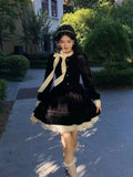 Autumn Black Velvet Dresses for Women Long Sleeve Lace Patchwork Bow Lace-up Evening Party Dress Korean Fashion A-Line Vestidos