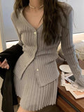 Y2K Elegant Mini Pleated Skirt Sets Autumn Women V-neck Long Sleeves Knitted Cardigan Two-piece Solid Korean Chic Suits