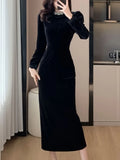 Autumn Velvet Slim Dress for Women Elegant Long Sleeve Diamond-encrusted Evening Party Robe Solid One Piece Casual Clothes New