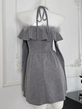 Korean Sweet Mini Dress Sexy Gray Off Shoulder Long Sleeves Lace-up A-Line Party Dresses Y2K Female One Piece Vestidos Mujer New