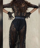 Yiallen Y2k Fashion Party Vacation Beach Sexy Black Lace Long Dress Women's Spring Quarter Sleeve Mid-Calf Dresses Clubwear