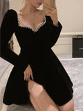 French Velvet Party Dress for Women Elegant Long Sleeve A-Line Vestidos Robe Female One Piece Mini Birthday Evening Dresses New