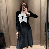 Vintage Velvet Black Midi Dresses for Women Autumn New Elegant Fashion Prom Party Evening Bow Long Sleeves Female Clothing