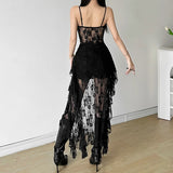 Women Dress Sexy Patchwork Mesh Strapless Irregular Waist Ruffled Split Black Dresses Fashion Night Party Vestidos