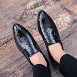 Hot Summer Slip-on Business Leather Loafers Crocodile&Checked Pattern Dinner Men Dress Shoes Fashion Social Shoes Glossy Black