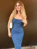 Summer Retro Women's Denim Dress Fashion Corset Sleeveless Back Zipper Slim Women's Slit Midi Dresses Mujer Vestido