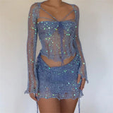 Crochet Knitted Dress Two Piece Skirt Sets Summer Women Clothes Sexy Crop Tops Elegant Knit Sequin Dress 3 Piece Set Outfit