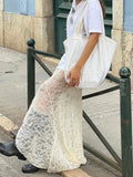 Lace Mesh Splice Long Skirts For Women See Through Sexy High Waist Maxi Skirt Femme Club Hollow Out Skirts Ladies