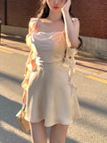 Elegant Sleeveless Satin Mini Dress Women Summer Korean Short Design Spaghetti Strap Vintage Fairy Sweet Female Clothing