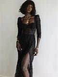 Yiallen Y2k Fashion Party Vacation Beach Sexy Black Lace Long Dress Women's Spring Quarter Sleeve Mid-Calf Dresses Clubwear