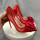 Red Flowers Lace Female Shoes 10Cm Pointy Toe Stiletto High Heel  Ladies Dress Women Pumps Plus Size 33-45