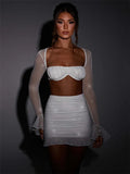 Glitter Mesh Sexy Dress Set Women Strapless Flare Sleeve Crop Top And Mini Skirt Sets Club Party Sparkle Two Piece Set