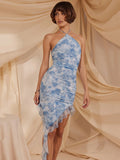 Blue Floral Print Ruffle Mini Dress Women Summer Off-shoulder Sleeveless Backless Bodycon Club Party Long Dress Elegant