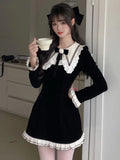 Y2K Sweet Velvet Womens Dresses French Patchwork Princess Flare Long Sleeves Birthday Party Mini Dress Female Short Vestidos New