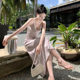 Vintage Luxury Satin Swinging Collar Long Dresses for Women Sexy Sleeveless Fashion Slim Casual Beach Holiday Dress Summer