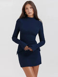 Women Elegant Dark Blue Commuting Mini Dress Autumn Sexy Pocket Long Sleeve Bodycon Dresses Lady Chic Party Club Robe