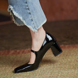 Rimocy Pearl Patent Leather High Heels Mary Janes Woman Spring Elegant Square Toe Women's Pumps Red Office Ladies Shoes