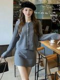 Women's Two Pieces Set Elegant Solid Single Breasted Long Sleeve Top Straight Knitted Skirt Suit Autumn Y2K Female Clothing Sets