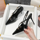 New Summer Women's High Heels, Toe-cap Patent Leather Buckle Straps, Cat Heel Sandals, Sexy Backless High Heels