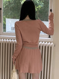 Elegant Knitted Pleated Skirt Suits Women Button Korean Vintage Party Skirt Set Female Designer Casual Two Piece Set Autumn