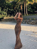 Summer Leopard Sexy See Through Dress Maxi Backless Sheer Beach Dress Lace Up Elegant Floor Length Holiday Dress