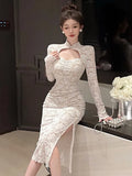 Elegant Long Sleeves Party Dress for Women Sexy Chinese Style Lace Cheongsam Autumn One Piece Slim Party Prom Vestido Mujers New