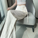 Pink New Chinese Satin Jacquard Suit Pants for Women Spring/Summer New High Waist Loose Straight Button Wide Leg Pants