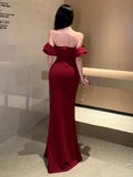 Women's Sexy Backless High Split Ruffles Wrapped Hip Dress, Elegant Luxury Off Shoulder Party Evening Dresses, Red, Summer