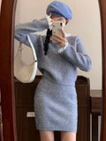 Elegant Knitted Skirt Sets for Women 2 Pieces Autumn Sweet Patchwork Long Sleeve Pullover Top Straight Skirt Female Outfits New