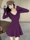 Autumn Solid Knitted Dresses for Women Elegant Fashion V-Neck Slim Evening Party Mini Dress Female A-Line Casual Vestidos Mujer