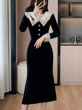 Women's Velvet Midi Dress Autumn Patchwork Long Sleeve High Waist Mermaid French Vintage Evening Party Prom Robe Vestidos New