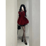 Vintage Bow Mini Dress Women Y2K Sexy Slash Neck Red Velvet Dresses Winter Kawaii Christmas Party Bodycon A Line Vestidos