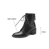 New Autumn/Winter Split Leather Women Boots Round Toe Chunky Heels Boots for Women Short Boots Zapatos Mujer Lace High Heels