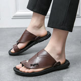 Men's Summer New Sandals and Slippers Men's Leather Sandals Adult Breathable Beach Shoes Non-slip Open-toe Leather Sandals Flat