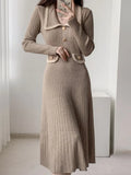 Autumn Elegant Knitted Dress for Women Fashion Single Breasted Slim A Line High Waist One Piece Female Korean Clothes Winter New