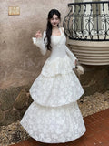 Elegant Fairy Womens Dresses Knitted Patchwork Flare Sleeves Princess Cake Long Dress Autumn Party Prom A-Line Vestidos Robe New