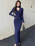 Sexy Bodycon Knitted Skirt Suits for Women Elegant V-Neck Long Sleeve Pleated Top Solid Skirt 2 Pieces Set Korean New Vestidos