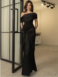 One Shoulder Mesh Patchwork Ribbon Dress Women Fashion New Slim Fit Black Female Long Dress Elegant Party Evening Dress