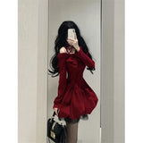 Vintage Bow Mini Dress Women Y2K Sexy Slash Neck Red Velvet Dresses Winter Kawaii Christmas Party Bodycon A Line Vestidos