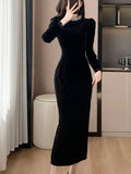 Autumn Velvet Slim Dress for Women Elegant Long Sleeve Diamond-encrusted Evening Party Robe Solid One Piece Casual Clothes New