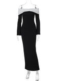 Patchwork Off-shoulder Sexy Maxi Dress For Women Fashion Strapless Long Sleeve Backless Bodycon Club Party Dress