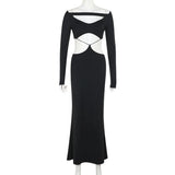 Hollow Out Long Sleeve Sexy Maxi Dress For Women Black Solid Backless Bodycon Club Party Sexy Long Dress Elegant