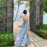 New Summer Long Print Dress for Women Strap Sleeveless Sweet Elastick Holiday Beach Casual Dresses Female Clothing