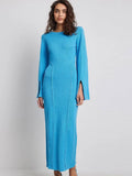 Fashion Blue Patchwork Women Knitted Maxi Dress Elegant O-neck Split Long Sleeve Slim Dresses Lady Solid Party Club Robe