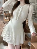 Y2K Solid Knitted Skirt Suit Women O-Neck Long Sleeve Top + Pleated Mini Skirts Elegant Casual Sweater Chic Outfits 2 Pieces Set