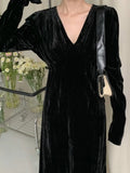 Women's Vintage Velvet Black Long Dress Elegant V-Neck A-Line Dresses Casual Chic Prom Party Robe Winter Fashion New